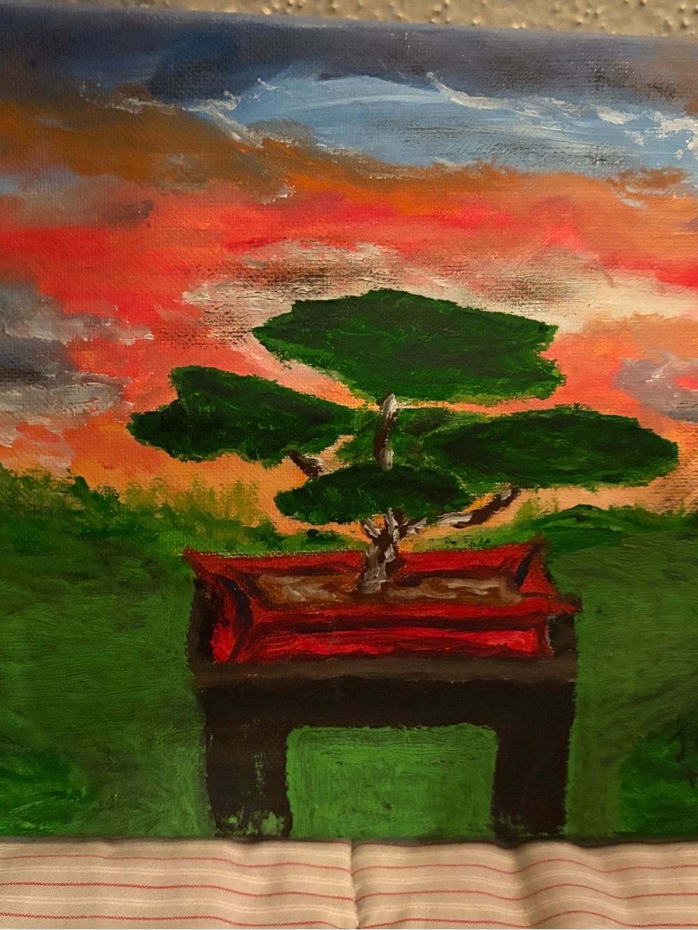 Green Bonsai Tree Original Oil  Painting at Sunset